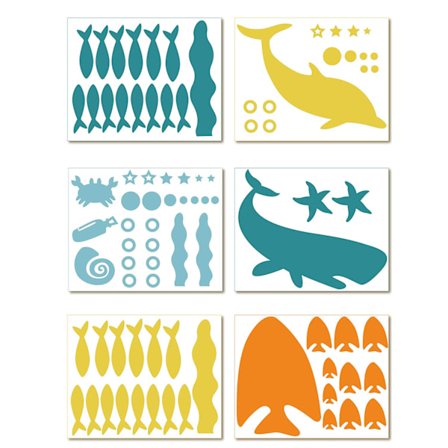 Sats med sex självhäftande PVC-dekorationer med undervattensfiskar