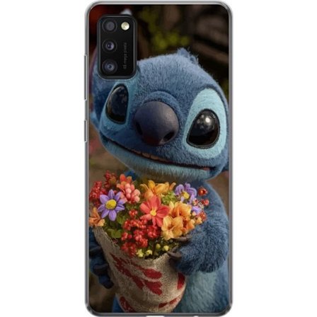 Kompatibel Mobilcover til Samsung Samsung Galaxy A41 Sød blå figur med store øjne, der holder en farverig buket i en varm og kær stil