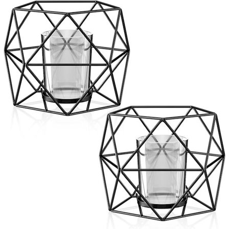 Sett med 2 geometriske metall lysestaker, svart lysestake, Vin