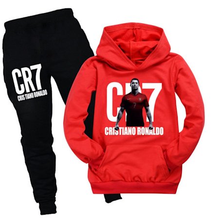 CR7 Ronaldo Drengetræningsoverall Fodbold Træningstrøje Sweatshirt Hoodie Topper + Bukser Outfits Rød