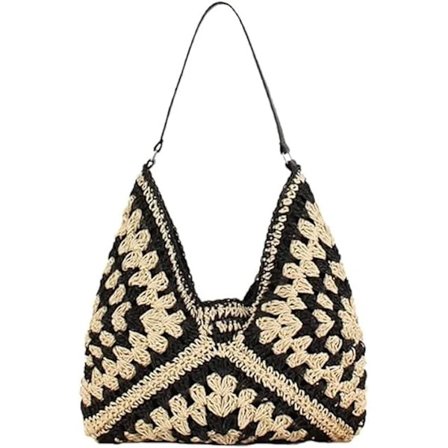 Stor Crossbody-taske til Kvinder, Sommer Raffia-taske, Dame Halmtaske, Sommerstrandtaske, Tote Taske, Hæklede Tasker Negro