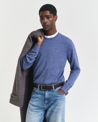 GANT - Genser i ekstra fin merinoull med rund hals til herre stone blue melange