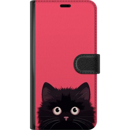 Kompatibelt Plånboksfodral till Samsung Samsung Galaxy A56 Söt svart katt mot rosa bakgrund kawaii illustration med mjuk päls och stora ögon perfe