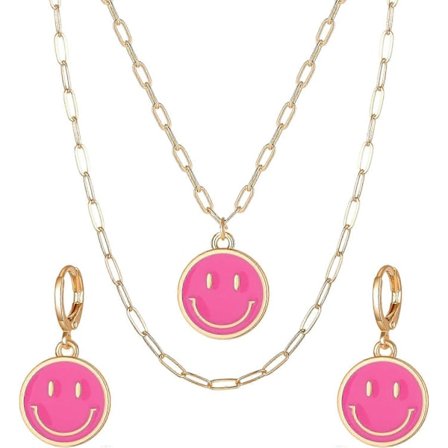 Rosa Smiley Face Halsband och Örhängen Set, 14K Guld Flera Lager Pappersklippskedja Preppy Smycken Presenter till Syster Dotter Mor (FMY)
