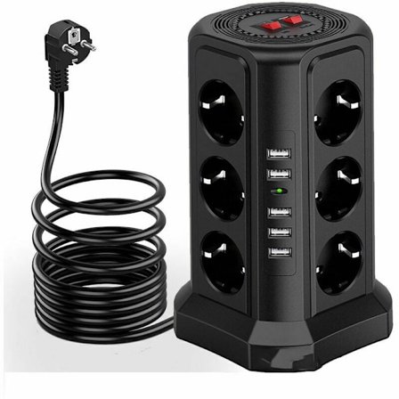 Surge och Överspänningsskydd Strömlisttorn, Elektrisk Strömlist med 5 USB-portar och 12 Uttag, Strömlist med 3 Strömbrytare, Svart
