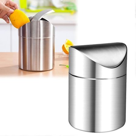 Mini Bordplade Skraldespand med Vippelåg, Rustfrit Stål, Bordaffaldsbeholder til Køkken, Soveværelse, Skrivebord, Toiletbord, Skraldespand 12 x 16 cm