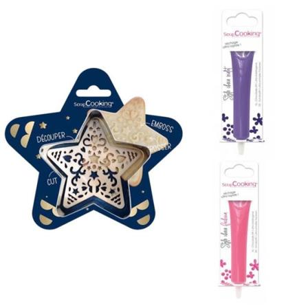 Kit för präglad kakstjärna + 2 chokladpennor för lila och fuchsia
