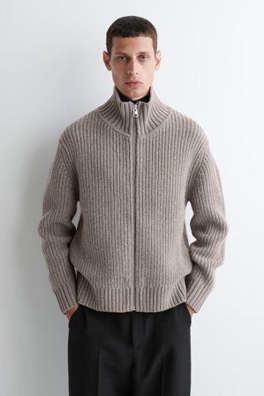 COS Men's Funnel Neck Knitted Wool Jacket in Grey
