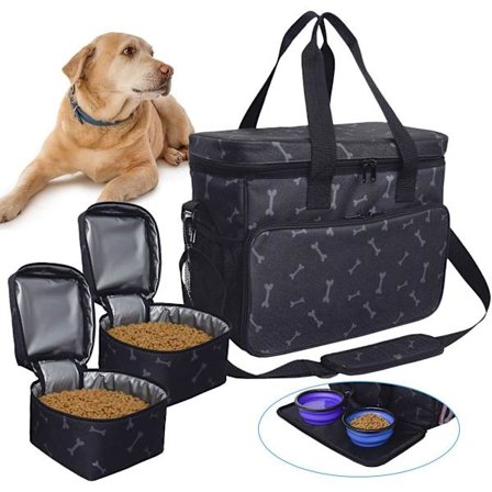 Vaskbar Rejsetaske til Hund med Rum, Foldbar Foder- og Vandtrug (Sort)