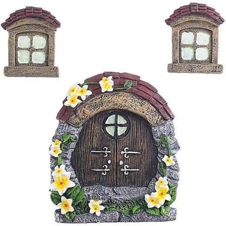 Fe-Dør og Vinduer Træ Dekorationer Gløder I Mørke Udendørs Have Træ Statuer Miniature Fe