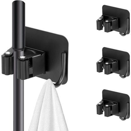 Veggmontert Kosterholdersett med 4 (Svart) Veggmontert Kosterholder uten Boring Selvklebende Moppholder med Kroker Oppbevaring