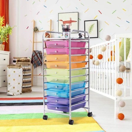 COSTWAY Opbevaringsvogn med Hjul - 10 Skuffer 32,5 x 37 x 86 CM, A4 og Farvet Brevformat