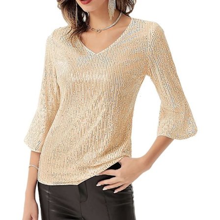 Kvinnor Glitter Sequin Tank T-shirt 3/4 Puffed Sleeve V-ringad blus topp