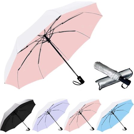 Vindtätt Reseparaply - Automatiskt Paraply - Kompakt Hopfällbart Paraply, Kompakt Reseparaply, Litet Portabelt Vindtätt Paraply Silver/Pi