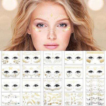 20 Sheets Face Metallic Temporary Tattoo Sticker, Face Gold Temporary Transfer Tattoo Freckle Sticker For Women Girls Halloween Makeup Dancer Costume