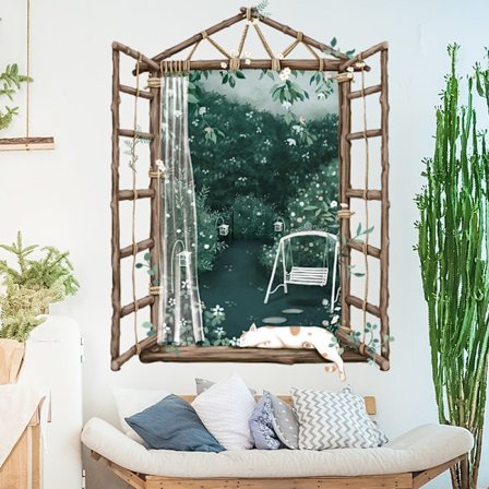 Falske vinduer veggklistremer med skogsnattutsikt, katt sover på vinduskarmen