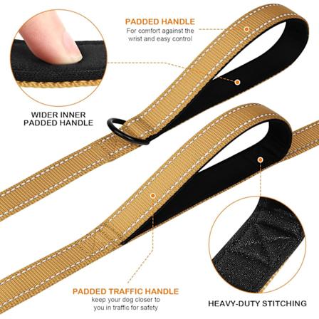 Robust Hundelead med Dobbelt Håndtag, Reflekterende til Trafikkontrol, 4FT, Khaki Khaki 4 ft 2 Handle