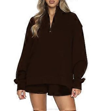 Dam Oversized 2-delat Loungeset Långärmad Dragkedja Ståkrage Huvtröjor Sweatshirt Shorts Outfit Träningsset Brun XL(XL Brun)
