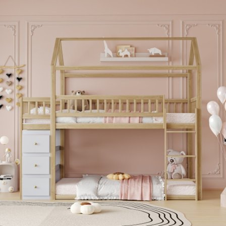 Våningssäng för barn 90×200 cm i husform | Vit | Med byrå & säkerhetsstaket