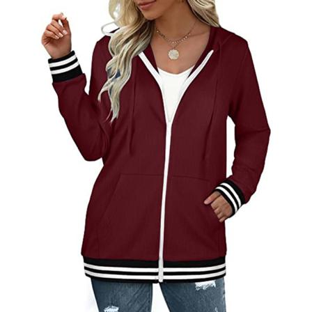 Kvinnor Långärmade Randig Hooded Overcoats Color Block Ytterkläder
