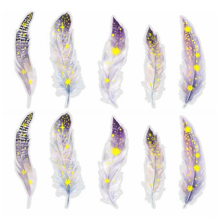10 st fjäderklistermärken PET gnistrande effekt utsökta scrapbooking estetiska klistermärken för journal anteckningsbok lila