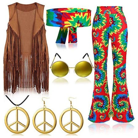 70-talls Hippiefest Retro Kostyme med frynsevest + bukser + skjerf Kostyme Leggings L