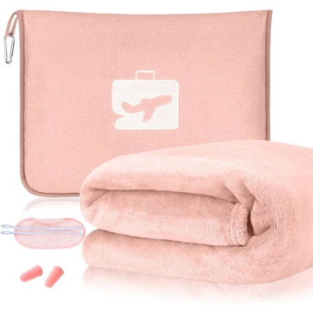 Resefilt och kudde, 2-i-1 flygplansfilt med ögonmask och öronproppar, kompakt kontorsfilt, lätt och bärbar kudde (rosa)