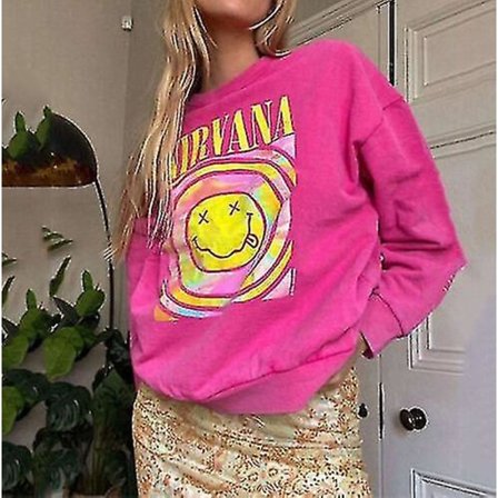 Nirvana Smiley Face Crewneck Sweatshirt Heliconia Farve Nirvana Sweatshirt Gave En Pink
