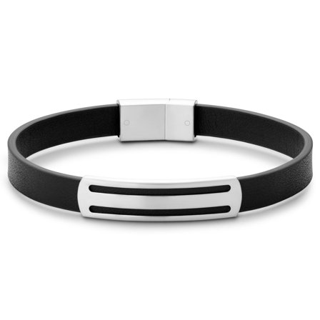 Nomen | Bracelet en cuir noir avec plaque d'identification rayée en métal argenté pour hommes - Bracelets en cuir