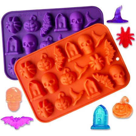 2-pack Halloween Chokladformar Pumpa Fladdermus Dödskalle Grav Spindel Form Silikonformar för Choklad Godis Mjukt Godis Gelé Is Smältkakor