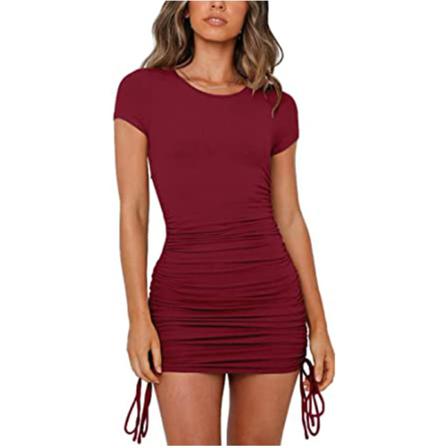 Dam Sommar Casual Soild Färg Kortärmad Dragsko Bodycon