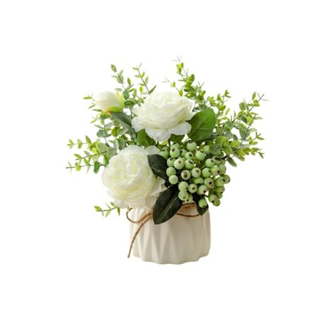 Tekokukka Hortensia ja pieni keraaminen maljakko Tekokasvi Eukalyptuslehti Marjakukka-asetelma Kodin sisustukseen (Valkoinen)