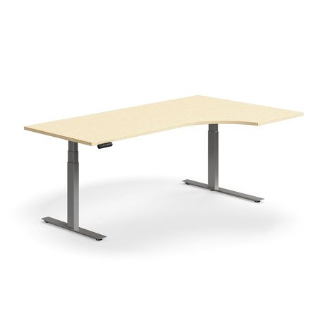 Schreibtisch QBUS höhenverstellbar, ergonomisch, 2000x1200 mm, Gestell silber, Birke