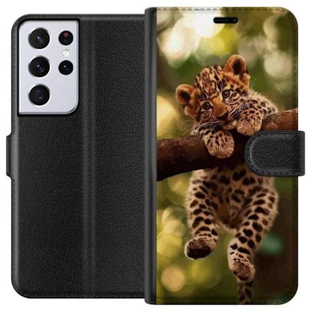 Kompatibel Tegnebogsetui til Samsung Galaxy S21 Ultra 5G Leopardunge liggende på gren med store øjne blød pels varm jungle følelse og naturinspireret
