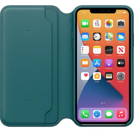Apple skinnfolio for iphone 11 pro max - påfugl/bringebær Peacock
