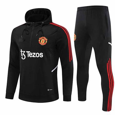 Manchester United 23-24 Voksen Træningsdragt med Hætte Halv Zip Sort sort sjx
