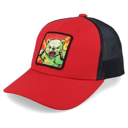 Kiddo Cap - Röd trucker Keps - Kids Teddy Bear Action Patch Scarlet/Black Trucker @ Hatstore