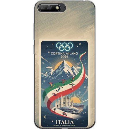 Kompatibel Mobilcover til Huawei Y6 (2018) Skitse med skiskytteudøver der sigter med riffel på en snebaner, teksten Milano Cortina 2026 og de olympisk