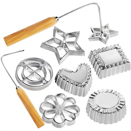 8 stk. Rosette & Timbale Sæt, Aluminium Vaffelforme med Træhåndtag, Hjemmelavede Rosette Småkager