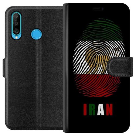 Kompatibel Tegnebogsetui til Huawei P30 lite Fingeraftryksformat som Irans flag med løvemotiv på sort dramatisk baggrund