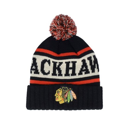 American Needle - NHL Zwart pom Beanie - Chicago Blackhawks Pillow Line Knit Black/Ivory/Red Pom @ Hatstore