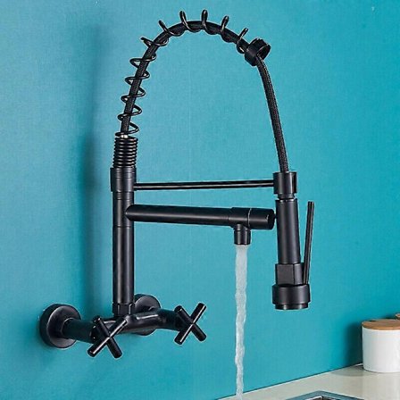 Svart kjøkkenkran veggmontert kjøkkenkran vaskekran med sprøyte - WELLNGS