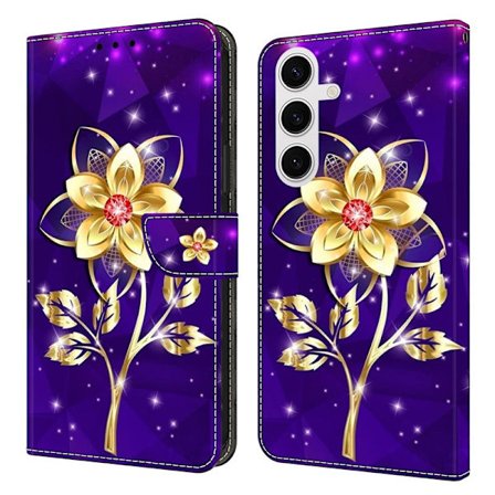 Samsung Galaxy S26 Plånboksfodral Konstläder Ställ - Guld Blommor på Lila