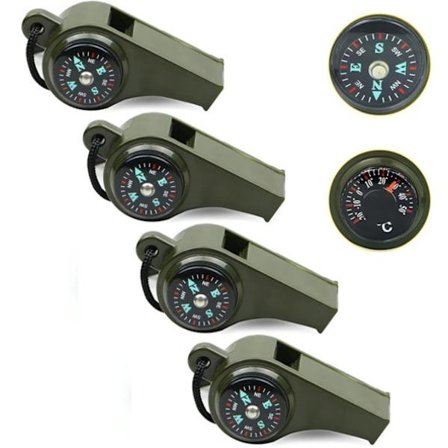 4-delt nødfløyte med snor - 3-i-1 nødfløyte med kompass og termometer