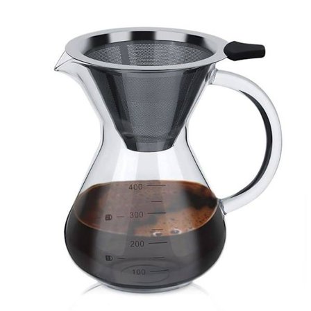 Hæld-over kaffemaskine, manuelt kaffefilter, borosilikatglas karaffel, manuel hæld-over kaffemaskine med permanent filter, 0,4 L