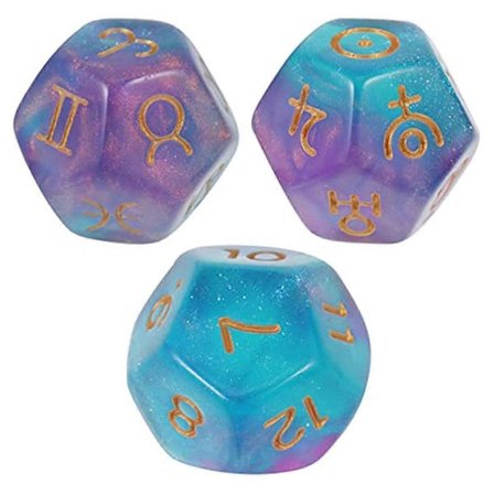 3 stk. 12-siders astrologiske terninger, spådom, astrologi, tarotkorttilbehør, 12-siders terninger, terningesett
