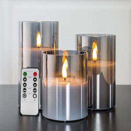 Glass Flameless Flickering Candles med fjernkontroll, 3-pak realistiske LED-falske stearinlys Høy4" 5" 6"
