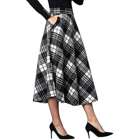Dam Hög Elastisk Midja Maxi Kjol A-linje Rutig Vinter Varm Flared Lång Kjol L Mid-calf Black*white X-Large