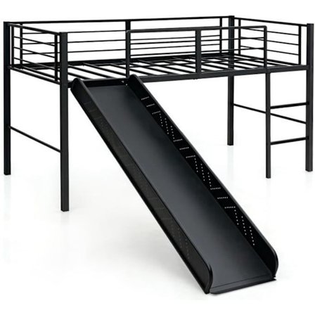 COSTWAY Loftsäng i metall 90 x 190 cm med 4 skyddsräcken, 2-stegs stege och skjutmadrass ingår ej Svart