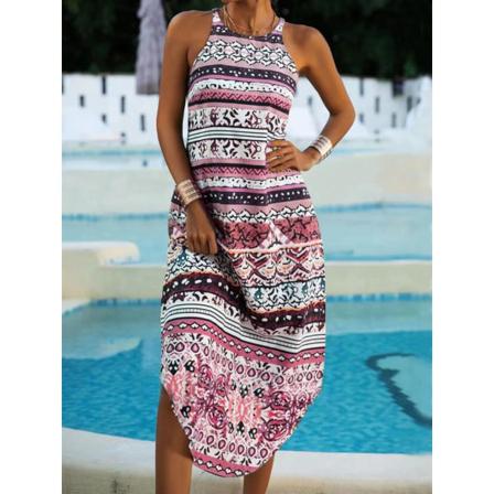 Sommar Kvinnor Boho Klänning Casual Print O-ringad Ärmlös E